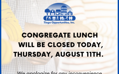 Congregate Lunch Closed Today, Thursday, August 11th